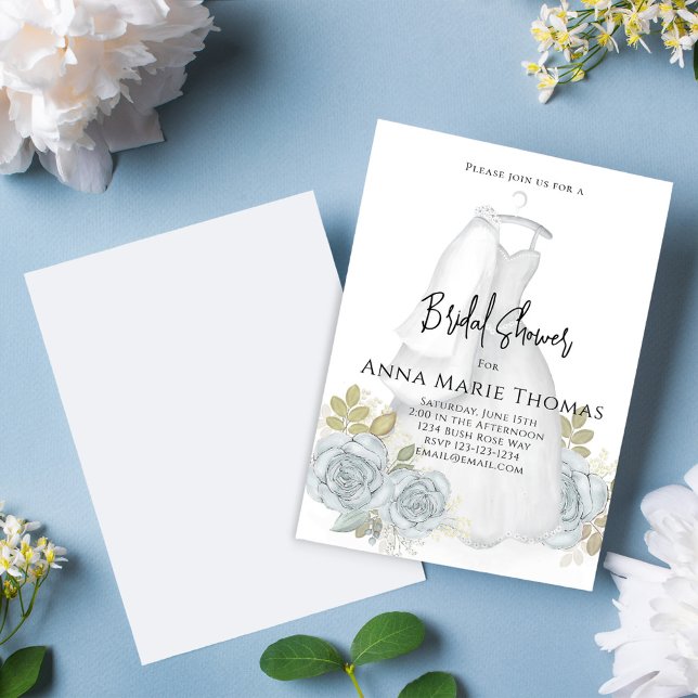 Brautparty Blue Floral Watercolor Hochzeitskleid Einladung (Elegant Bridal Shower invitation with beautiful blue floral roses and wedding gown)