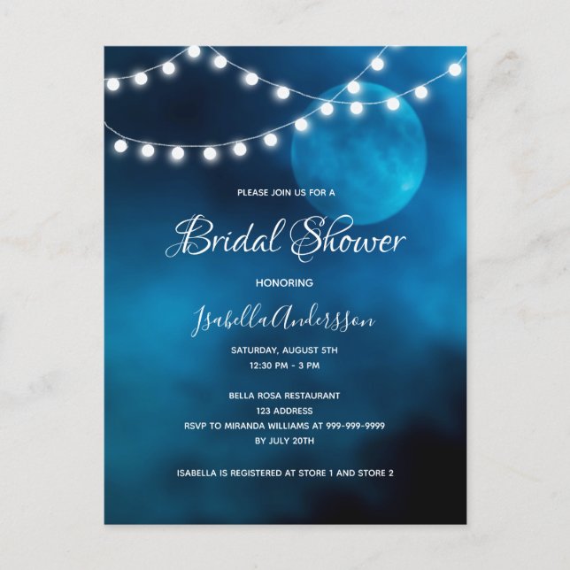Brautparty Blue Moon Lichter Saiten Einladung Postkarte (Vorderseite)