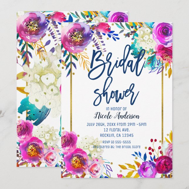 Brautparty Blue Script Bold Watercolor Floral Einladung (Vorne/Hinten)