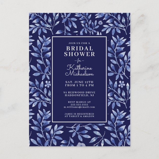 Brautparty | Blue Watercolor Garden Postcard Postkarte (Vorderseite)