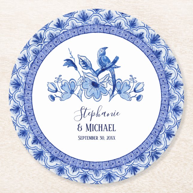 Brautparty Blue White Chinoiserie Bird Blues Runder Pappuntersetzer (Vorderseite)