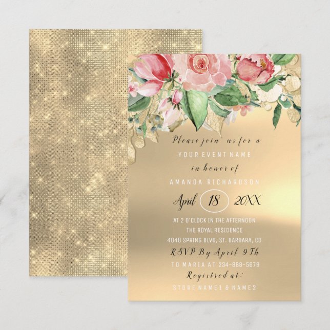 Brautparty Blume Brunch Green Gold Minze Rose Einladung (Vorne/Hinten)