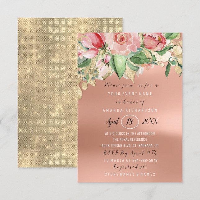 Brautparty Blume Brunch Green Gold Rose Blush Einladung (Vorne/Hinten)