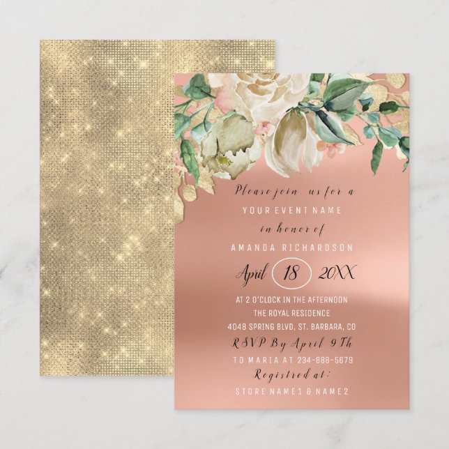 Brautparty Blume Brunch Green Gold Rose Meadow Einladung (Vorne/Hinten)