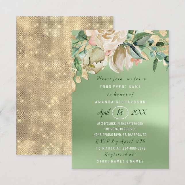 Brautparty Blume Brunch Grünpflanzen Gold Rose Einladung (Vorne/Hinten)