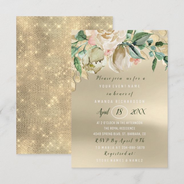 Brautparty Blume Brunch Ivory Green Gold Rose Einladung (Vorne/Hinten)
