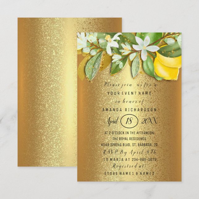 Brautparty Blume Brunch Lemon Tree Gold Einladung (Vorne/Hinten)