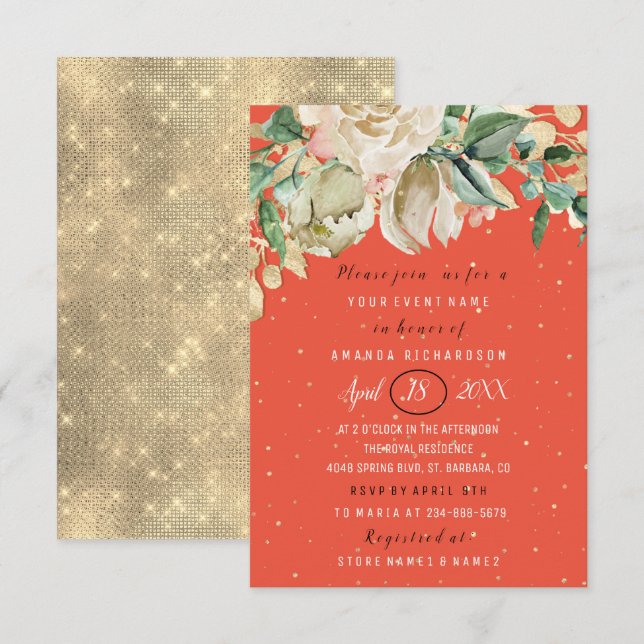 Brautparty Blume Brunch Mint Coral Confetti Einladung (Vorne/Hinten)