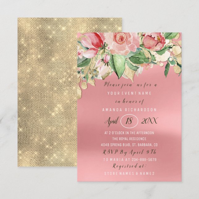 Brautparty Blume Brunch Minze Aquarell Rose Einladung (Vorne/Hinten)