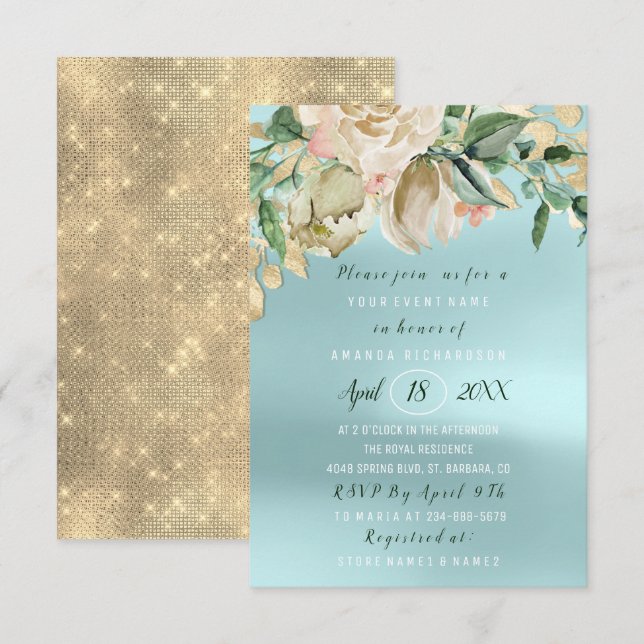 Brautparty Blume Brunch Minze Rose Blau Einladung (Vorne/Hinten)