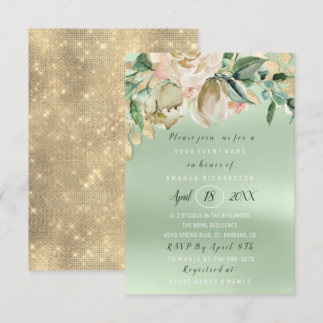 Brautparty Blume Brunch Minze Wasserfarbe Gold Einladung (Vorne/Hinten)