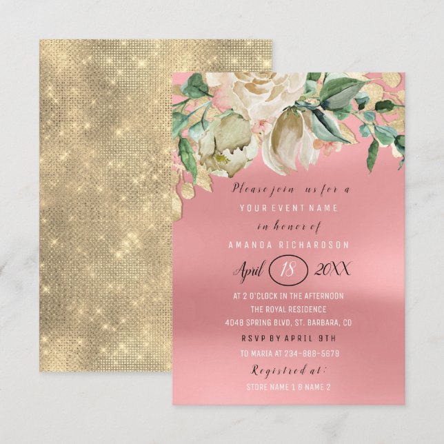 Brautparty Blume Brunch Spark Gold Pink Einladung (Vorne/Hinten)