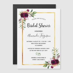 Brautparty Blumen goldfarbene Pflanzen boho burgun Magneteinladung