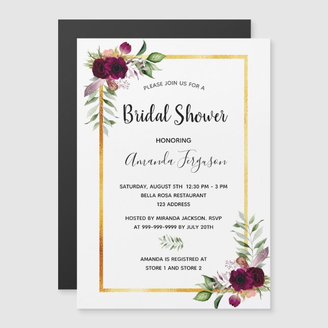 Brautparty Blumen goldfarbene Pflanzen boho burgun Magneteinladung (Vorne/Hinten)