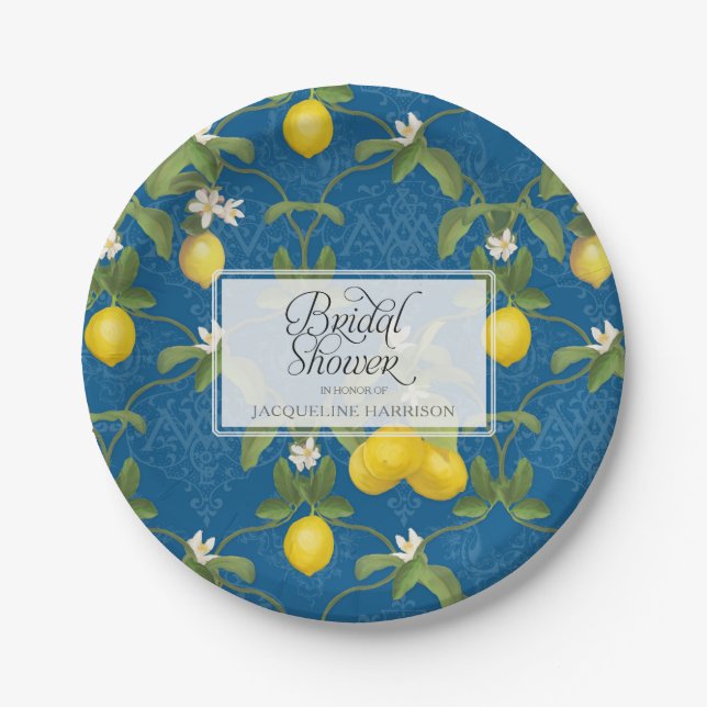 Brautparty BOHO Royal Blue Lemon Blume Citrus Pappteller (Vorderseite)