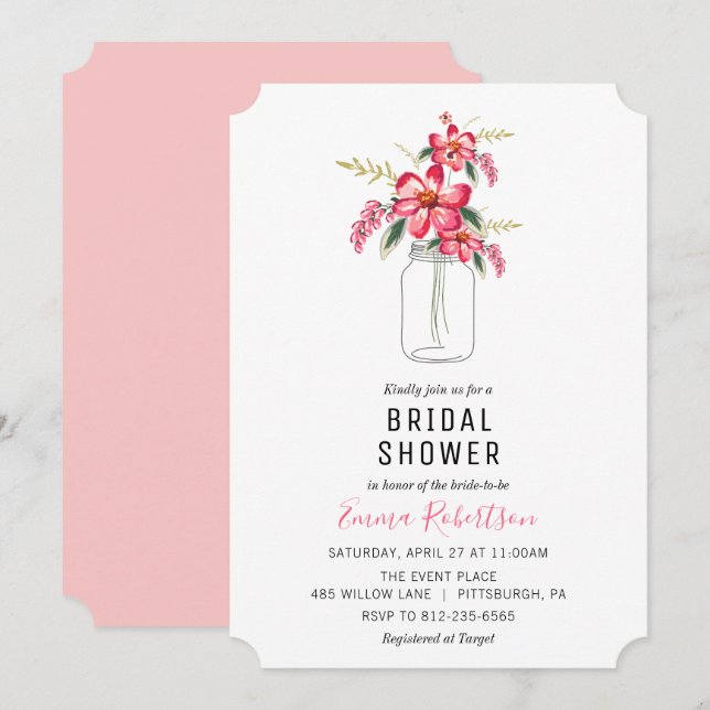 Brautparty Bouquet Mason Jar Einladung (Vorne/Hinten)