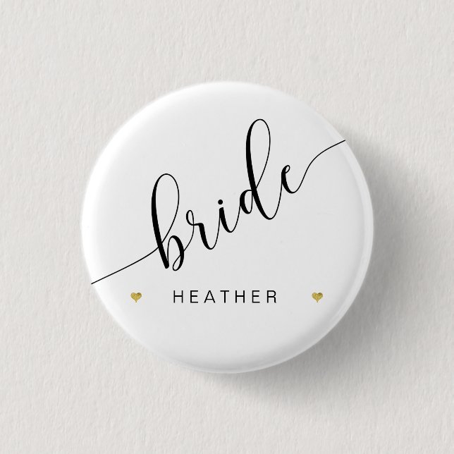 Brautparty Bride Script Simple Modern Gold Heart Button (Vorderseite)