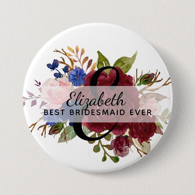 Brautparty Bridesmaids Gift Burgundy Blue Named Button (Vorderseite)