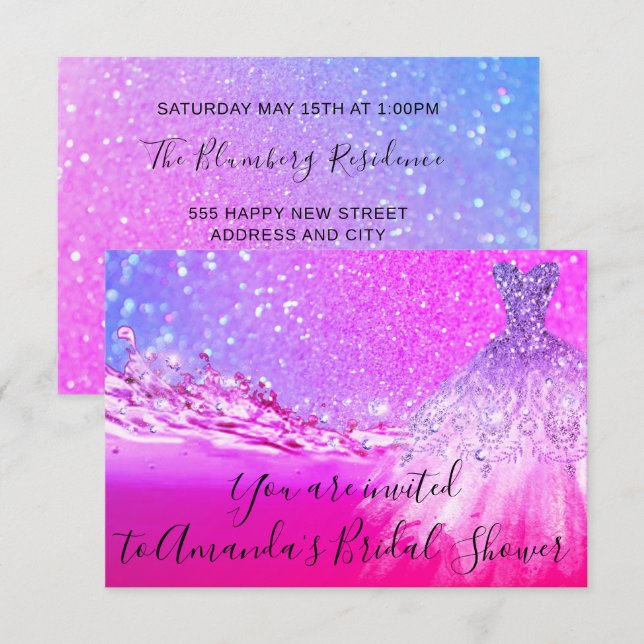 Brautparty Bright Pink Dress Glitzer Ombre Einladung (Vorne/Hinten)