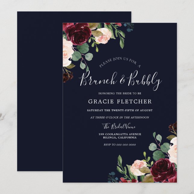 Brautparty Brunch & Bubbly aus Burgundy Einladung (Vorne/Hinten)