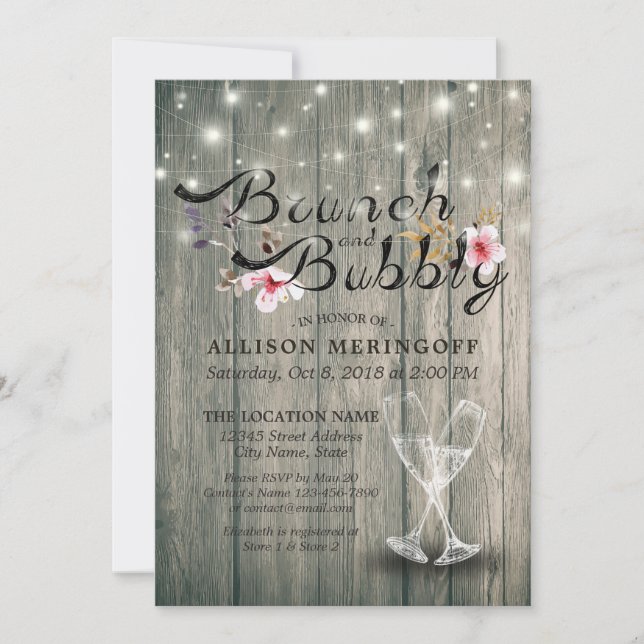Brautparty Brunch Bubbly Champagne Flutes Wood Einladung (Vorderseite)