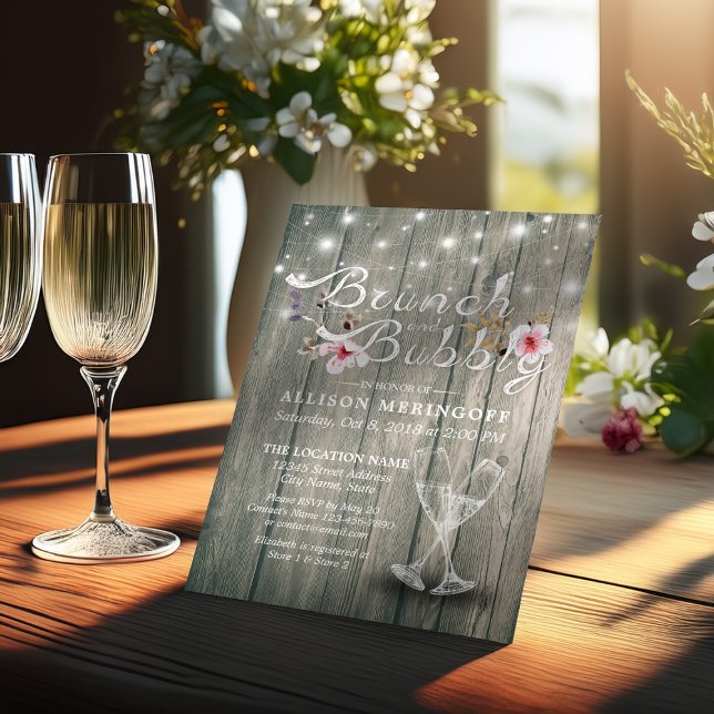 Brautparty Brunch Bubbly Champagne Flutes Wood Einladung (Von Creator hochgeladen)
