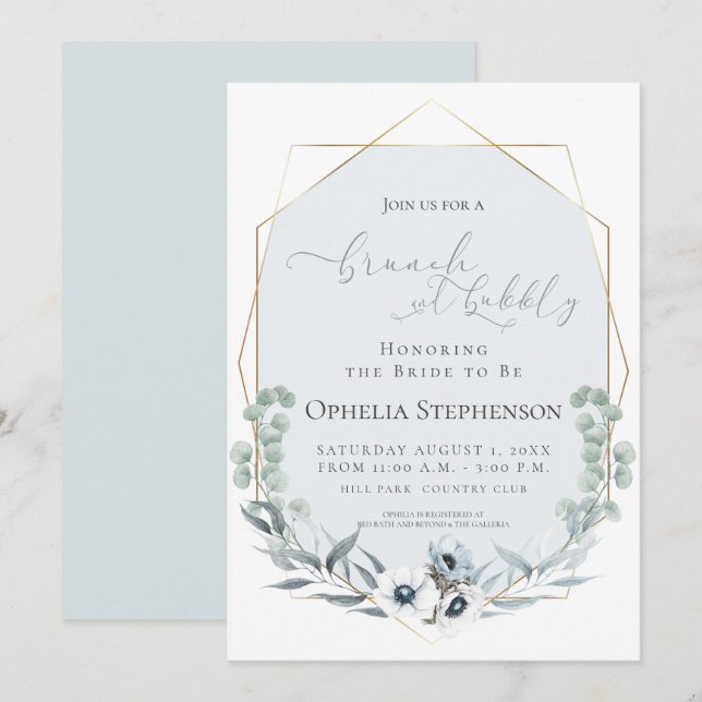 Brautparty | Brunch & Bubbly Dusty Blue Floral Einladung (Vorne/Hinten)