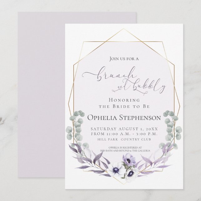 Brautparty | Brunch & Bubbly Dusty Lilac Floral Einladung (Vorne/Hinten)