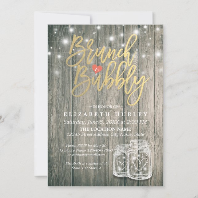 Brautparty Brunch Bubbly Rustic Wood Mason Jar Einladung (Vorderseite)