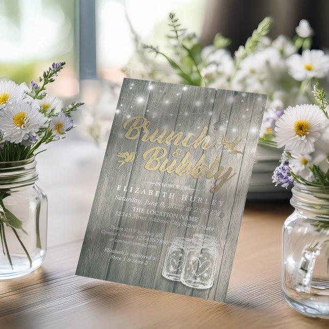 Brautparty Brunch Bubbly Rustic Wood Mason Jar Einladung (Von Creator hochgeladen)