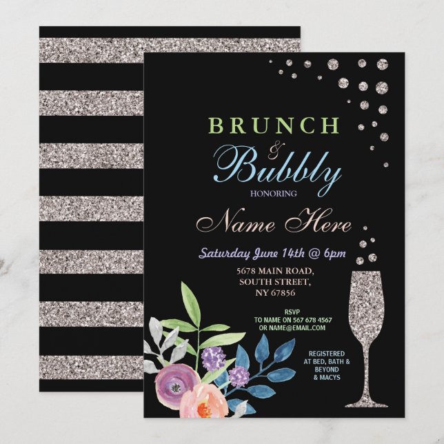 Brautparty Brunch & Bubbly Silver Blume laden Einladung (Vorne/Hinten)