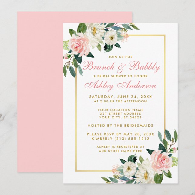 Brautparty Brunch Gold Pink Blumenladen P Einladung (Vorne/Hinten)