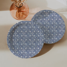 Brautparty Brunch mit blauen und weißen Fliesen Pappteller