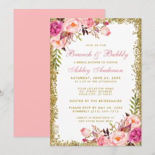 Brautparty Brunch Pink Floral Gold Glitzer Einladung