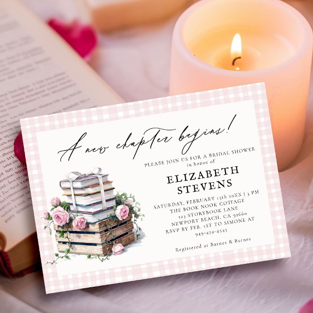 Brautparty buchen Rustikale Rose Neues Kapitel Einladung (book theme bridal shower invitation book lover bookish rustic roses gingham pink watercolor)