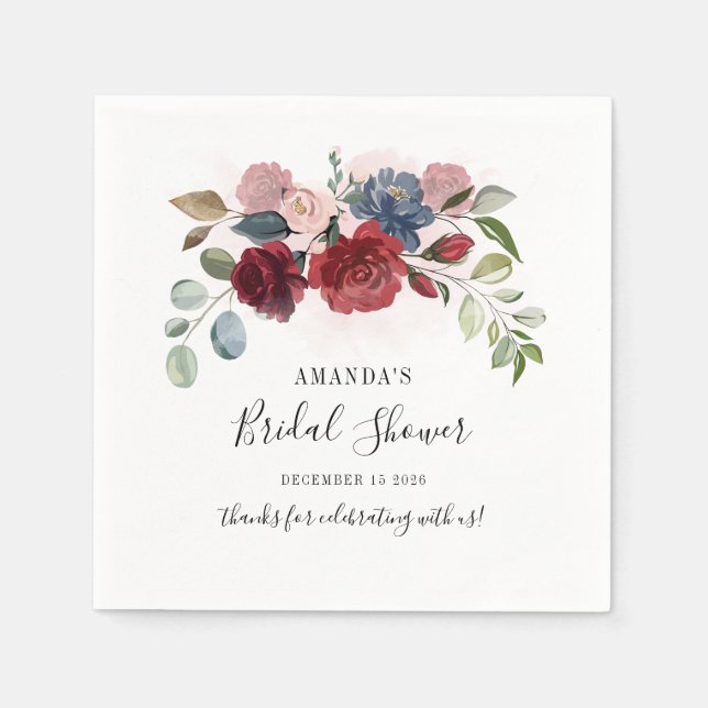 Brautparty Burgund Rustikale Floral Custom Serviette (Vorderseite)