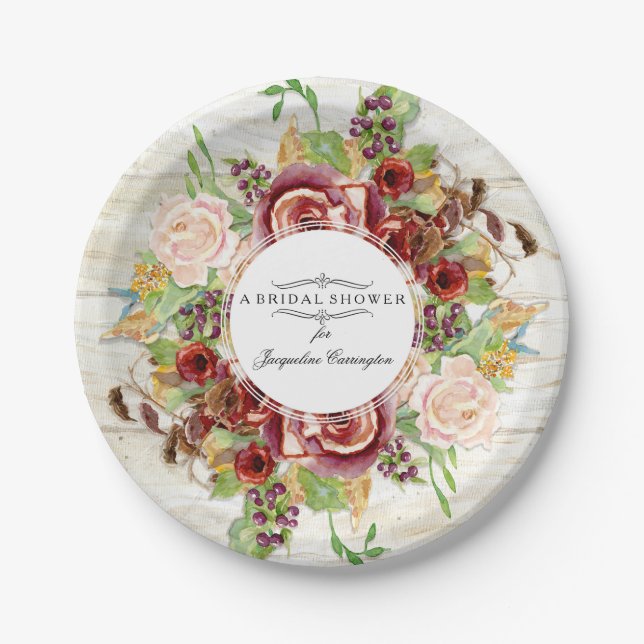Brautparty-Burgunder-Roseblumenwatercolor-Holz Pappteller (Vorderseite)