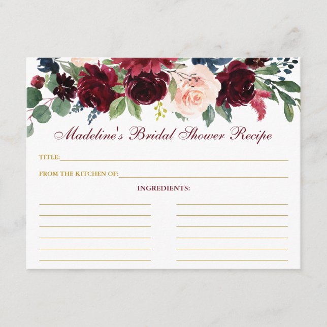 Brautparty Burgundy Blue Floral Gold Rezept Hinweiskarte (Vorderseite)
