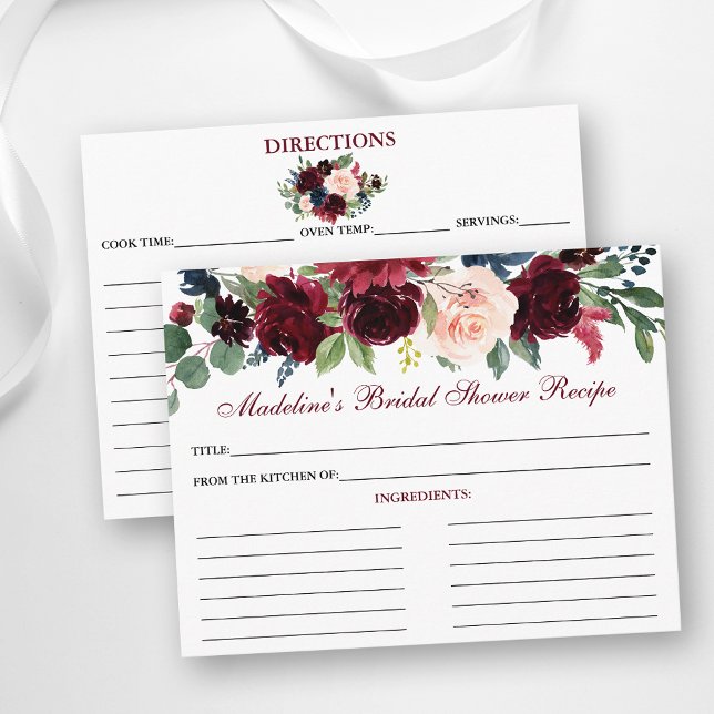 Brautparty Burgundy Blue Floral Rezept Card Hinweiskarte (Customize to change text color, size or text style.)