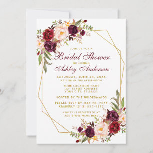 Brautparty Burgundy Floral Geometric Gold Einladung