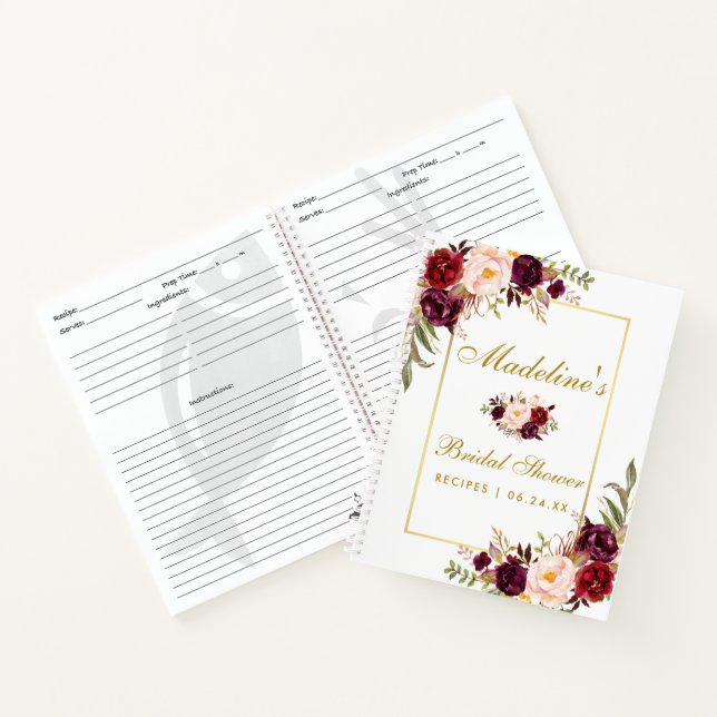 Brautparty Burgundy Floral Gold Rezept Notizbuch (Innenseite)