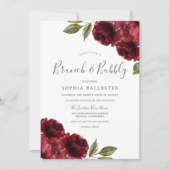 Brautparty Burgundy Red Blume Brunch & Bubbly Einladung (Vorderseite)