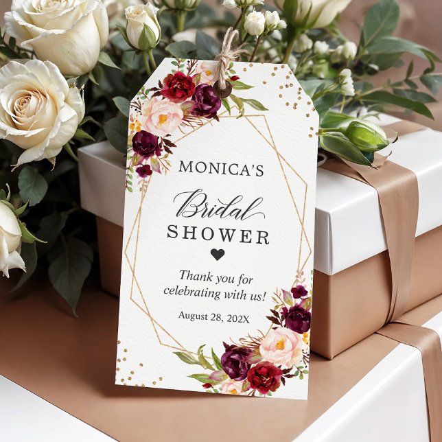 Brautparty Burgundy Red Floral Gold Frame Geschenkanhänger (Von Creator hochgeladen)