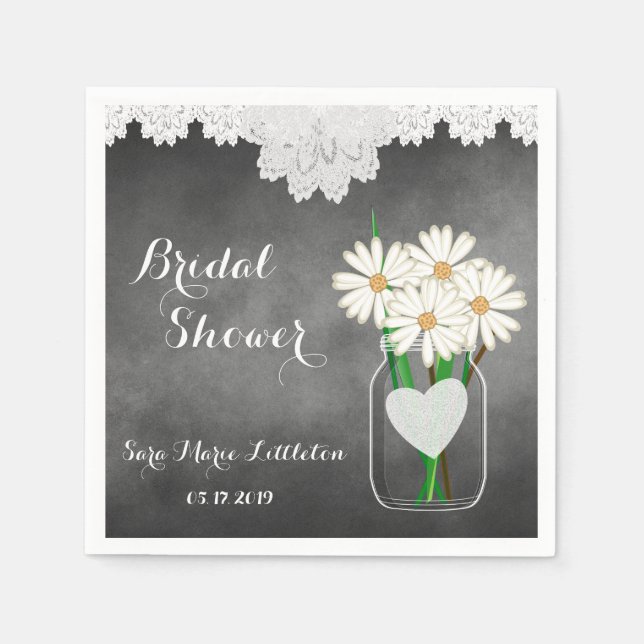 Brautparty Chalkboard Mason Jar - White Daisies Serviette (Vorderseite)