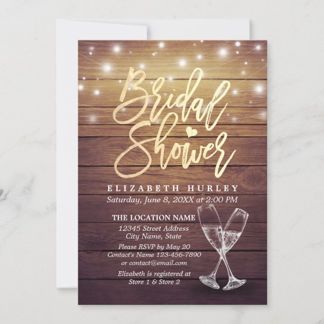 Brautparty Champagne Glasses Wood String Lights Einladung (Vorderseite)