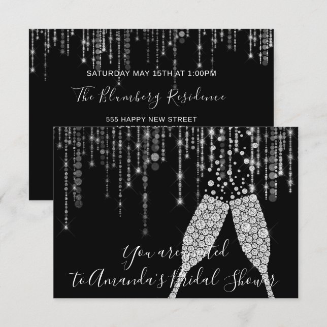 Brautparty Champaigne Glasbläschen Silbergrau Einladung (Vorne/Hinten)