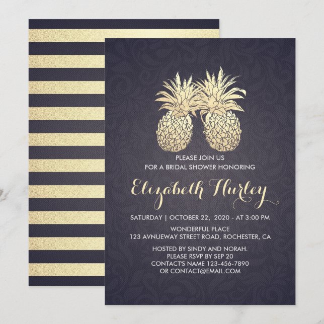 Brautparty Chic Gold Ananas Couple Navy Blue Einladung (Vorne/Hinten)