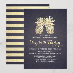 Brautparty Chic Gold Ananas Couple Navy Blue Einladung