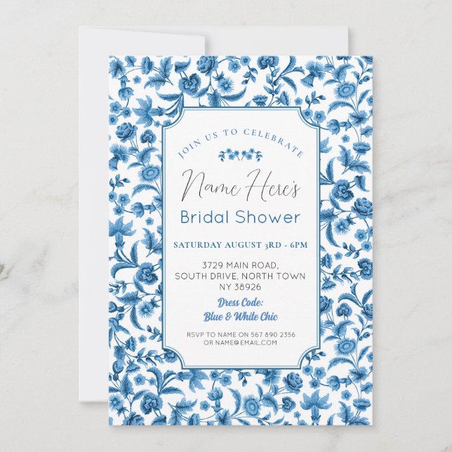Brautparty Chintz Blue & White Floral Ditsy Einladung (Vorderseite)