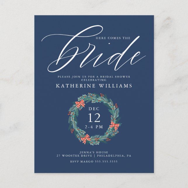 Brautparty | Christmas Holiday Gingham Wreath Postkarte (Vorderseite)